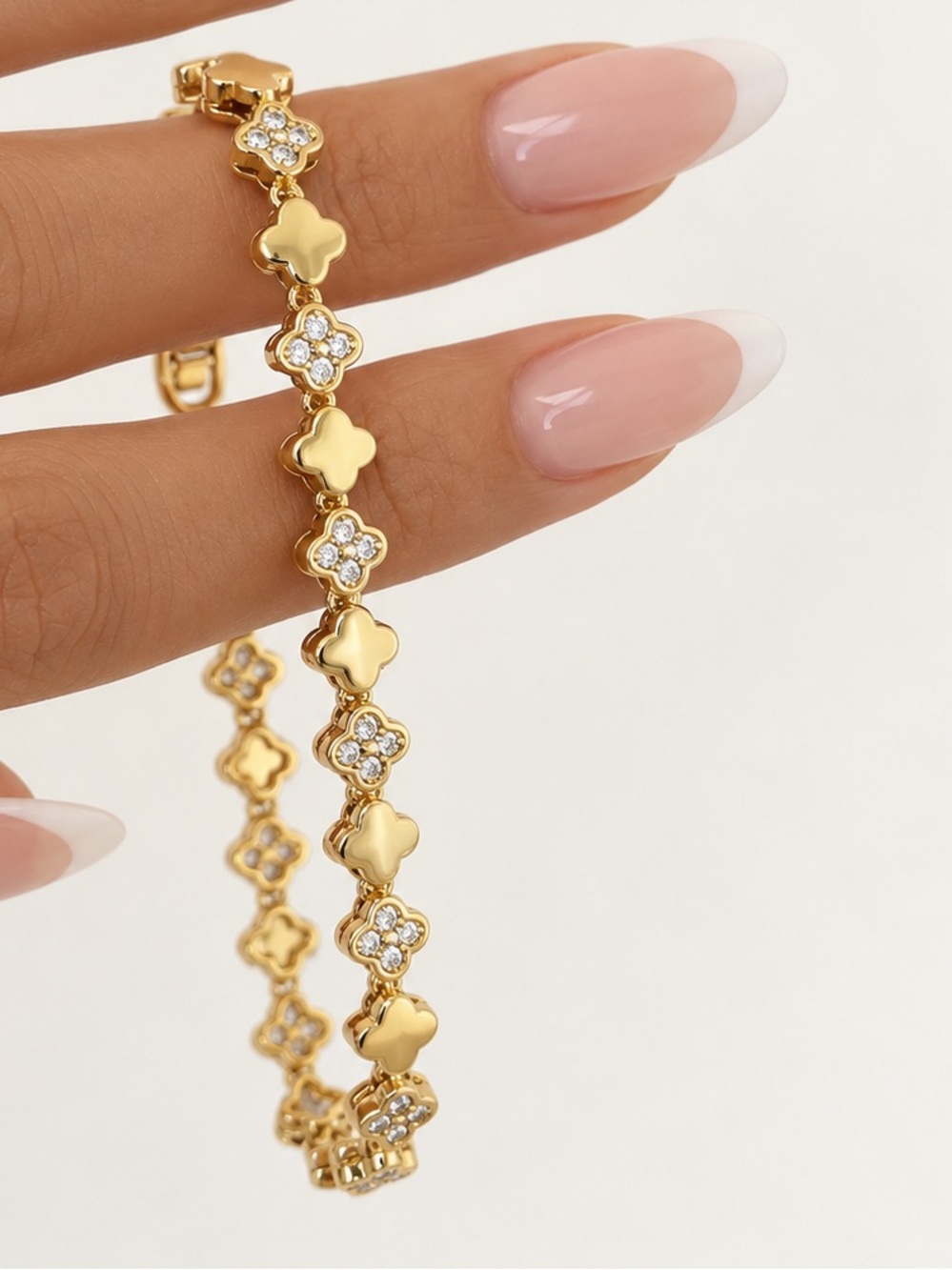 14K Gold Plated Real Zircon Clover Station Bracelet Rhodium Lucky Four Leaf